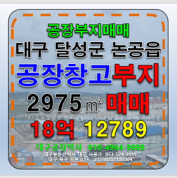 대구 달성군 논공읍 대구 달성군 논공읍 공장부지 매매 급매(나대지상태) 매매 매물번호 12789 사진 1