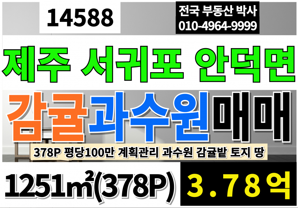 제주 서귀포시 안덕면 덕수리 제주도 감귤 과수원 매매 378P 평당100만 계획관리지역 과수원 감굴밭 매매 매물번호 14588 사진 1