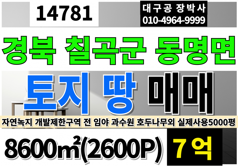 경북 칠곡군 동명면 경북 칠곡 동명 남원리 토지 땅 매매 2600P 7억 매매 매물번호 14781 사진 1