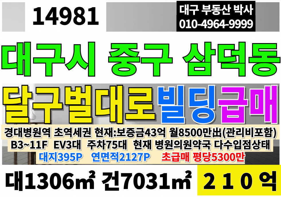 대구 중구 삼덕동2가 대구통상가빌딩매매 급매 달구벌대로 초역세권 대구 중구 삼덕동 경대병원역 역세권 통상가 빌딩 매매 초급매 EV3대 매매 매물번호 14981 사진 1