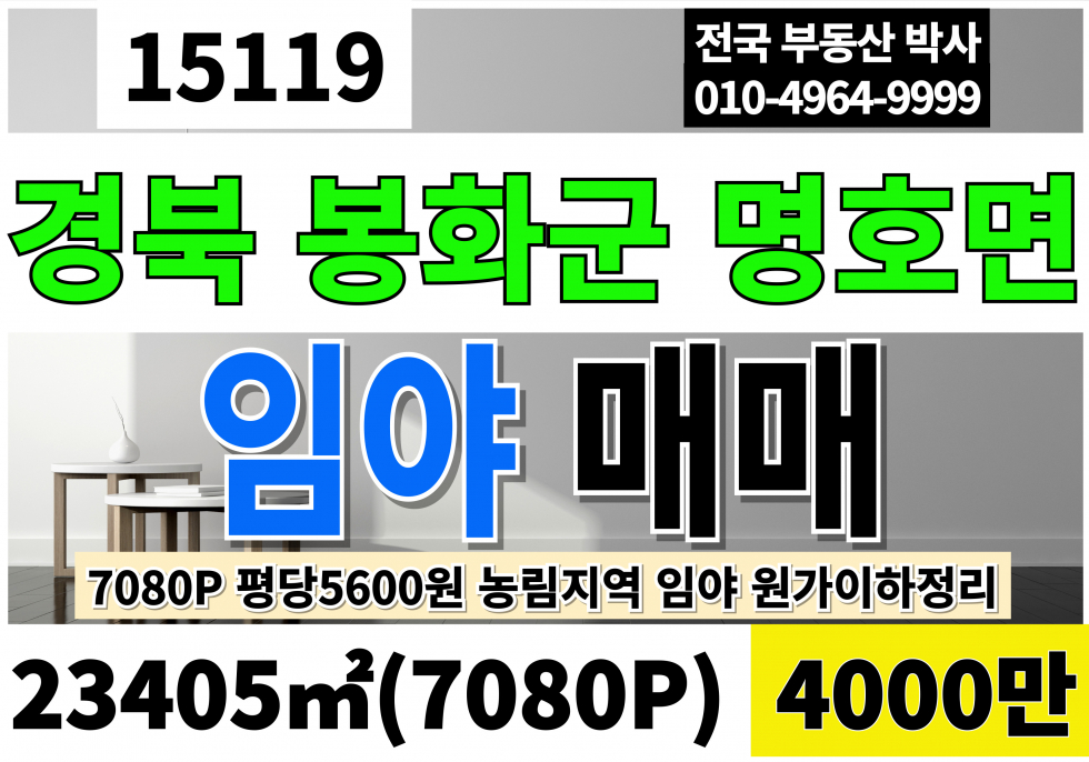 경북 봉화군 명호면 양곡리 봉화 임야 매매 산 급매 7,080P 4천만원 농림지역 임야 원가이하정리 매매 매물번호 15119 사진 1