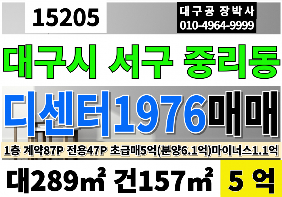 대구 서구 중리동 대구 서구 디센터1976 1층 매매 전용47P 급매 5억 현재 월220만 임대중 분양가6.1억 마이너스1.1억 초급매 매매 매물번호 15205 사진 1